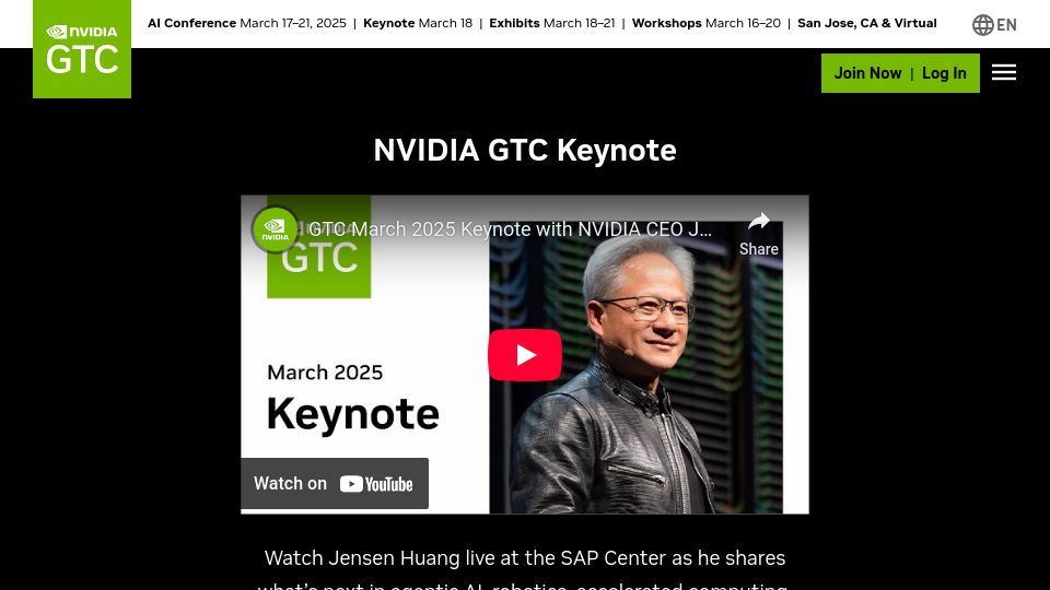Screenshot of nvidia.com: Jensen Huang – Nvidia GTC 2025 Keynote