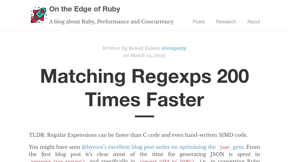 Screenshot of eregon.me: Matching Regexps 200 Times Faster