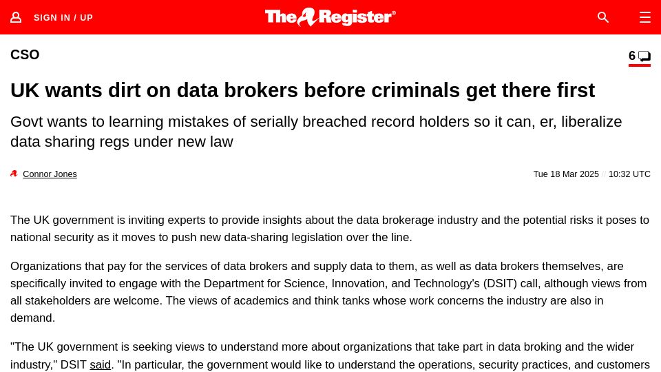 Screenshot of theregister.com: UK wants dirt on data brokers before criminals get there first