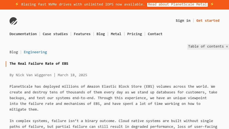 Screenshot of planetscale.com: The real failure rate of EBS