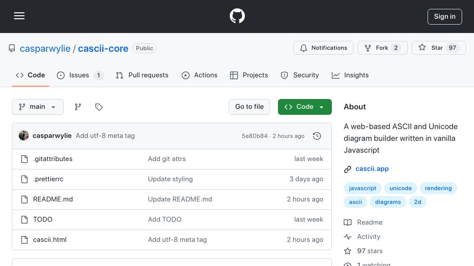 Screenshot of github.com: Show HN: Cascii – A portable ASCII diagram builder written in vanilla JavaScript