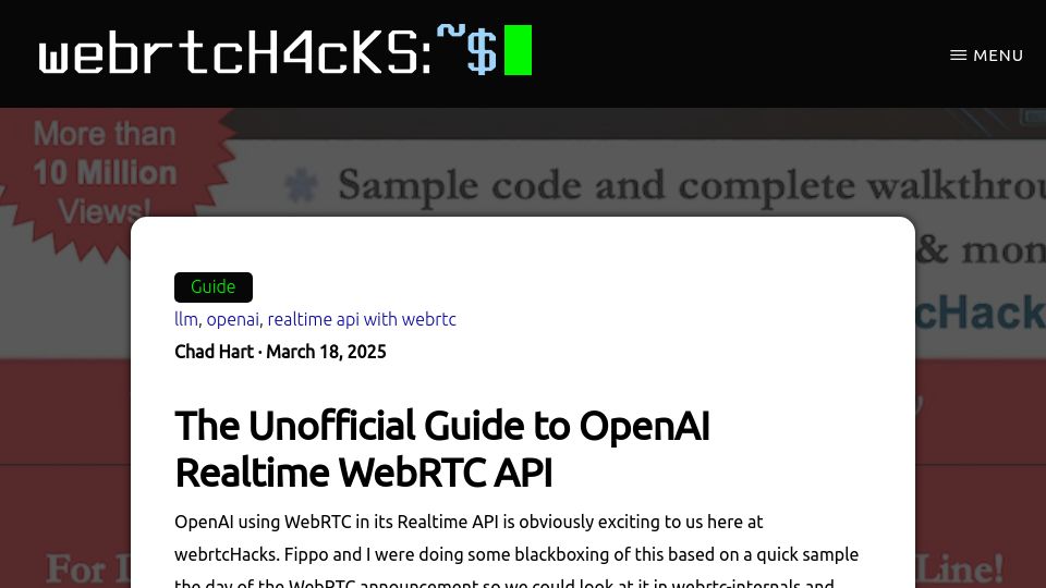 Screenshot of webrtchacks.com: The Unofficial Guide to OpenAI Realtime WebRTC API