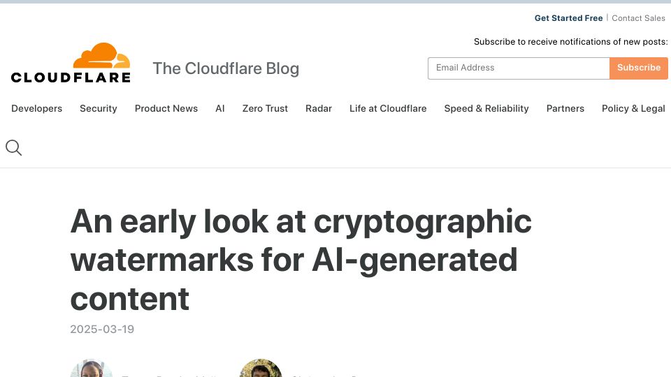 Screenshot of blog.cloudflare.com: An early look at cryptographic watermarks for AI-generated content