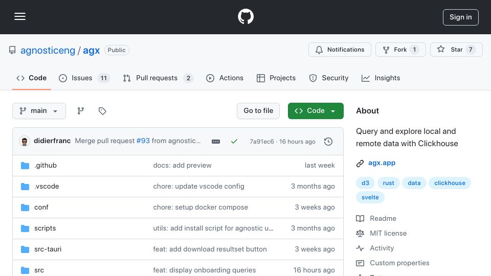 Screenshot of github.com: Show HN: AGX – Open-Source Data Exploration for ClickHouse (The New Standard?)
