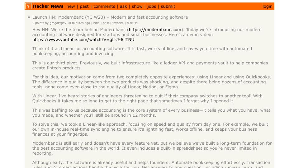 Screenshot of Hacker News post: Launch HN: Modernbanc (YC W20) – Modern and fast accounting software