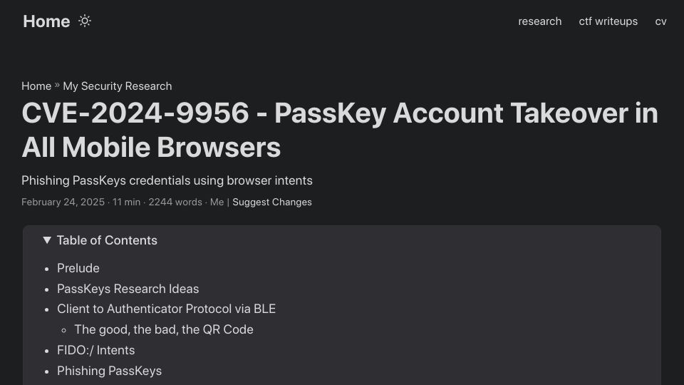 Screenshot of mastersplinter.work: CVE-2024-9956 – PassKey Account Takeover in All Mobile Browsers