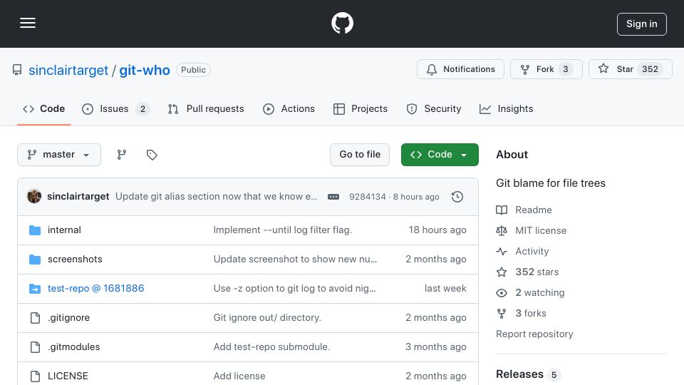 Screenshot of github.com: Show HN: "Git who" – A new CLI tool for industrial-scale Git blaming