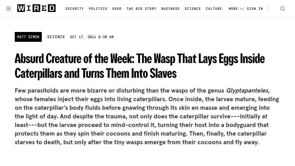 Screenshot of wired.com: The Wasp That Lays Eggs Inside Caterpillars and Turns Them into Slaves (2014)