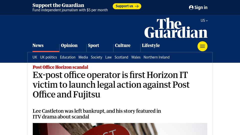 Screenshot of theguardian.com: Ex-PO operator is first Horizon IT victim to launch legal action against