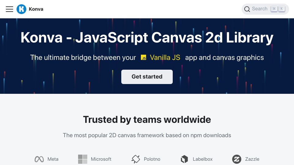 Screenshot of konvajs.org: Konva.js - Declarative 2D Canvas for React, Vue, and Svelte