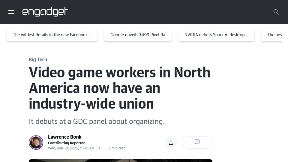 Screenshot of engadget.com: Video game workers in North America now have an industry-wide union