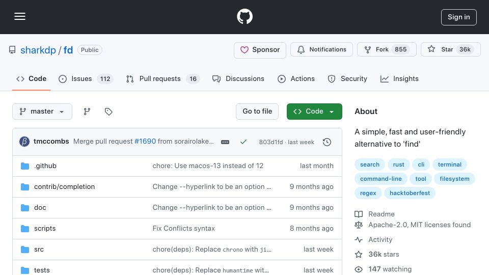 Screenshot of github.com: fd: A simple, fast and user-friendly alternative to 'find'