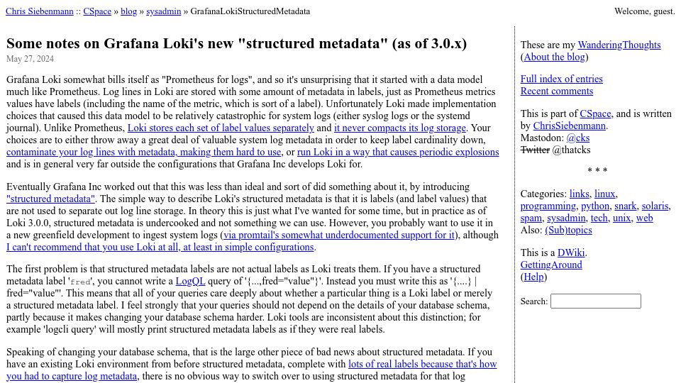 Screenshot of utcc.utoronto.ca: Some notes on Grafana Loki's new "structured metadata"