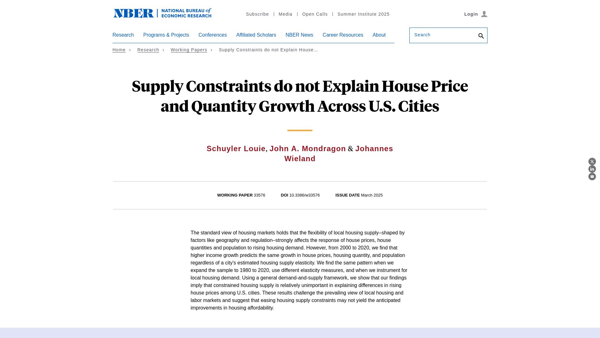 Screenshot of nber.org: Supply constraints do not explain house price, quantity growth across US cities