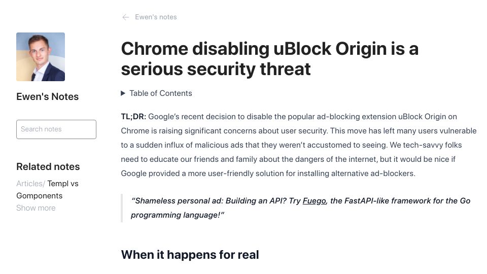 Screenshot of nuage.quimerch.com: Chrome disabling uBlock Origin is a serious security threat