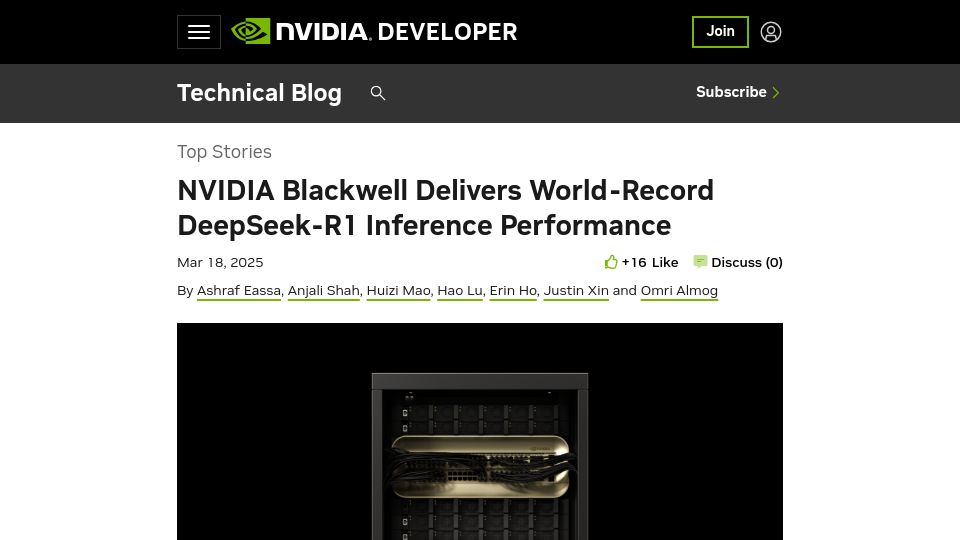 Screenshot of developer.nvidia.com: Nvidia Blackwell Delivers World-Record DeepSeek-R1 Inference Performance