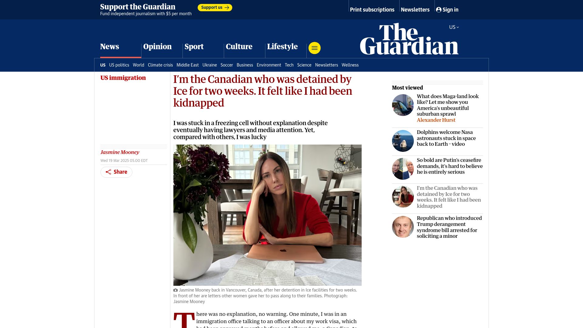 Screenshot of theguardian.com: I'm the Canadian who was detained by ICE for two weeks