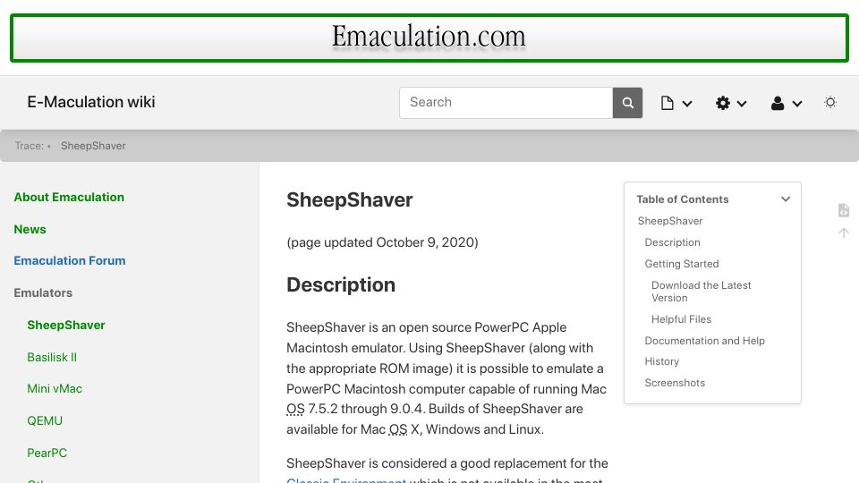 Screenshot of emaculation.com: SheepShaver is an open source PowerPC Apple Macintosh emulator