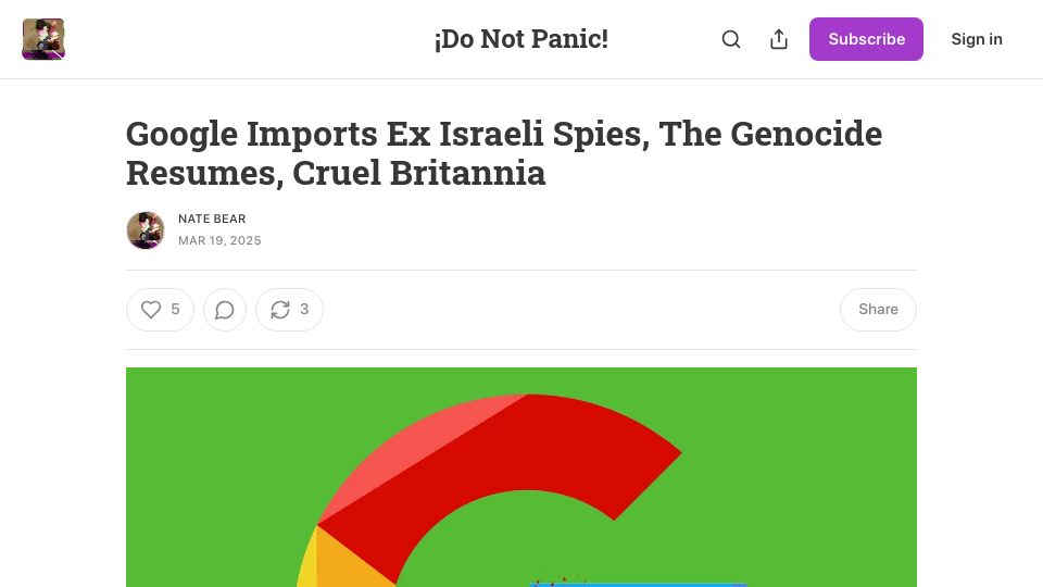 Screenshot of donotpanic.news: Google Imports Ex Israeli Spies