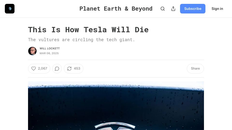 Screenshot of planetearthandbeyond.co: This is How Tesla Will Die