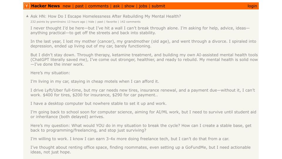 Screenshot of Hacker News post: Ask HN: How Do I Escape Homelessness After Rebuilding My Mental Health?