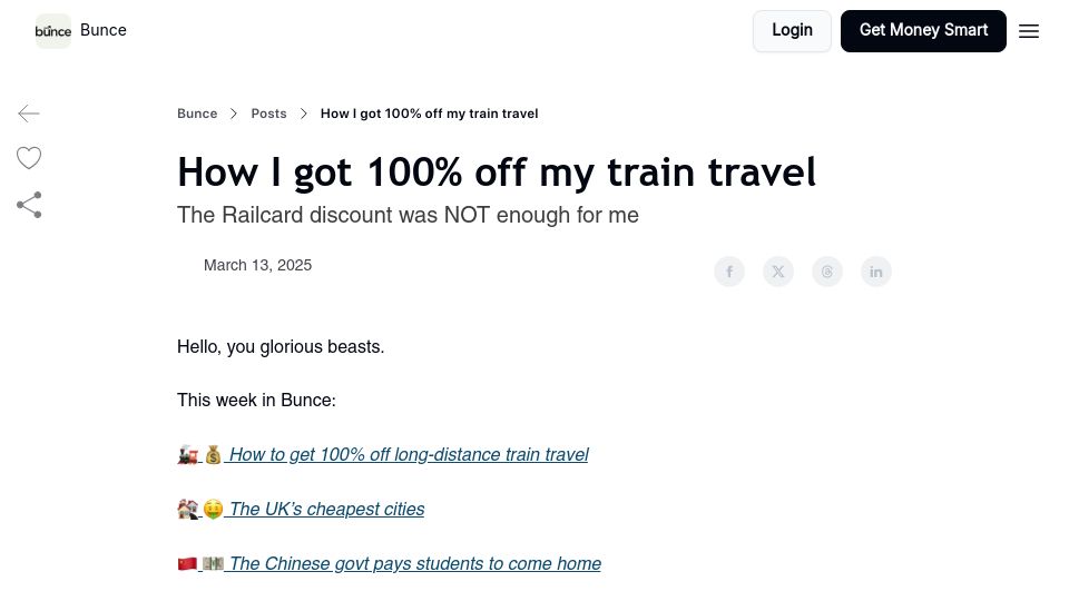Screenshot of readbunce.com: How I got 100% off my train travel