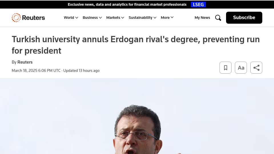 Screenshot of reuters.com: Turkish university annuls Erdogan rival's degree, preventing run for president
