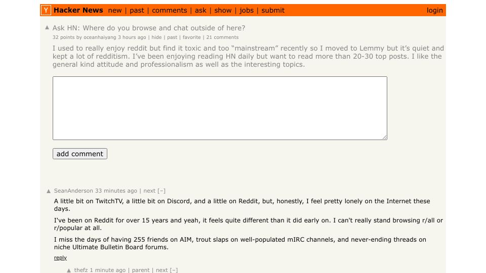 Screenshot of Hacker News post: Ask HN: Where do you browse and chat outside of here?