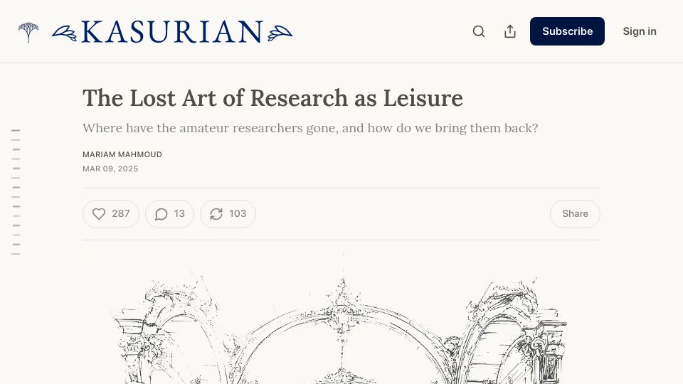 Screenshot of kasurian.com: The Lost Art of Research as Leisure