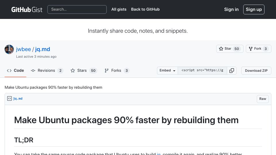 Screenshot of gist.github.com: Make Ubuntu packages 90% faster by rebuilding them