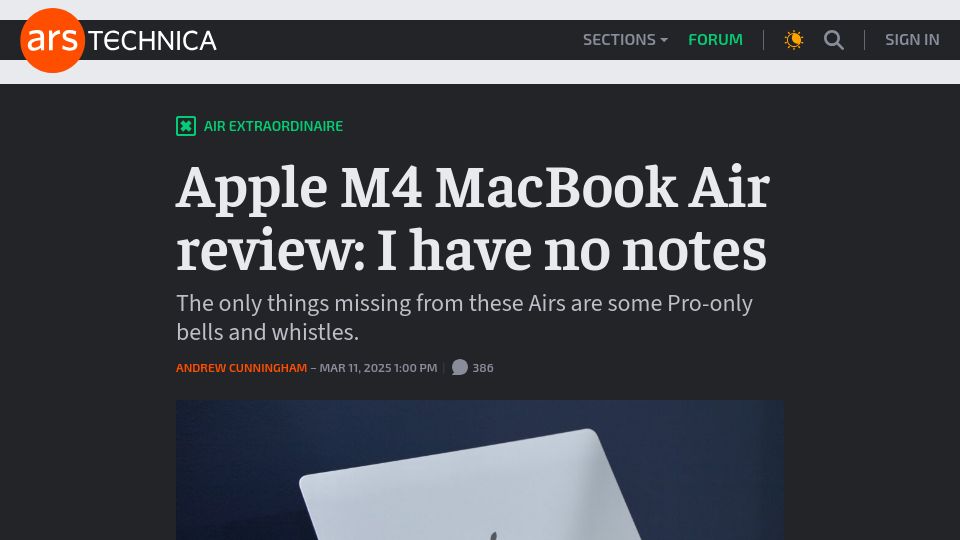 Screenshot of arstechnica.com: Apple M4 MacBook Air review: I have no notes