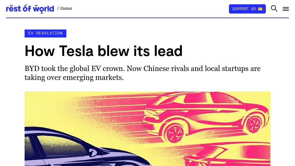 Screenshot of restofworld.org: Tesla loses ground as Chinese EVs dominate global markets
