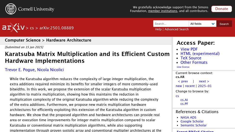 Screenshot of arxiv.org: Karatsuba Matrix Multiplication and Its Efficient Hardware Implementations