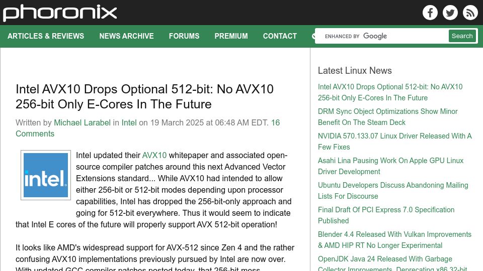 Screenshot of phoronix.com: Intel AVX10 Drops Optional 512-Bit: No AVX10 256-Bit Only E-Cores in the Future