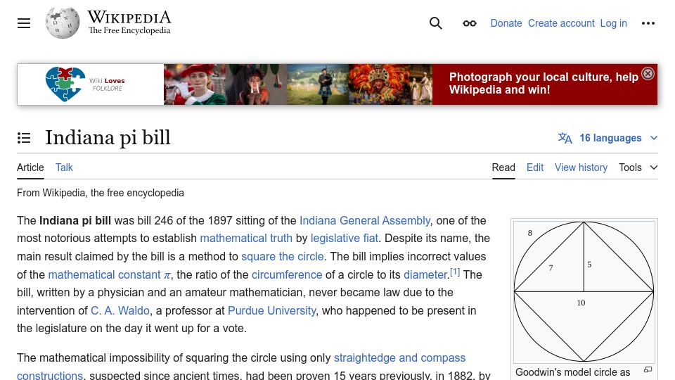 Screenshot of en.wikipedia.org: Indiana Pi Bill
