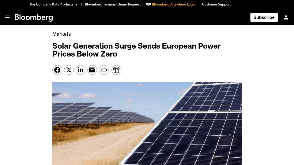 Screenshot of bloomberg.com: Solar Generation Surge Sends European Power Prices Below Zero