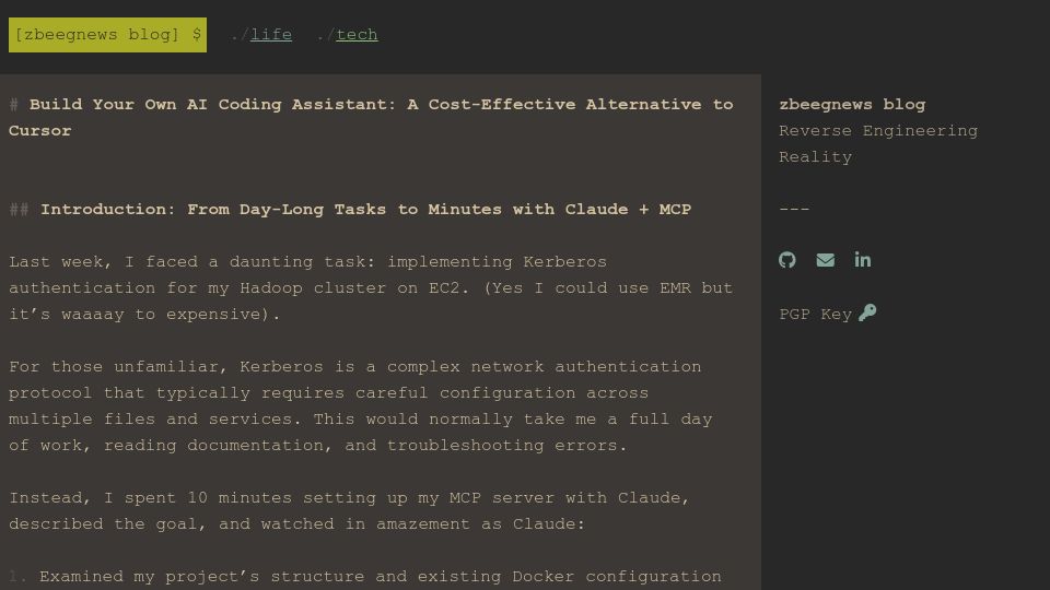 Screenshot of zbeegnew.dev: Hacking Your Own AI Coding Assistant with Claude Pro and MCP