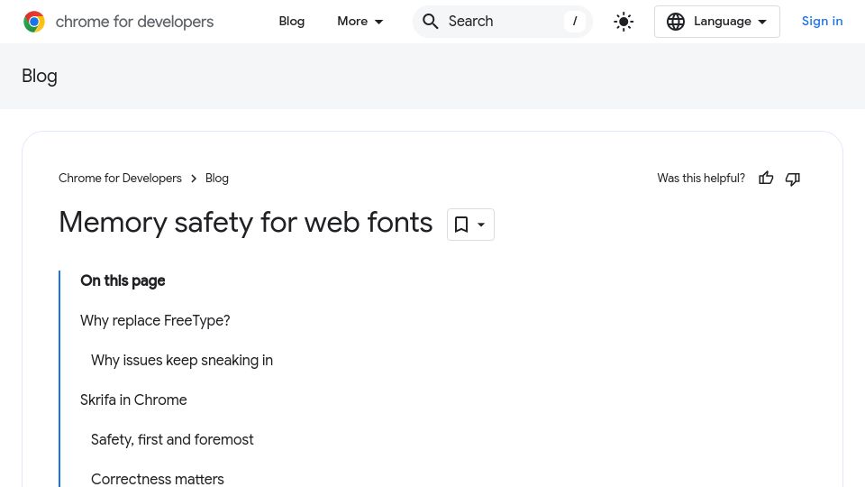 Screenshot of developer.chrome.com: Memory safety for web fonts
