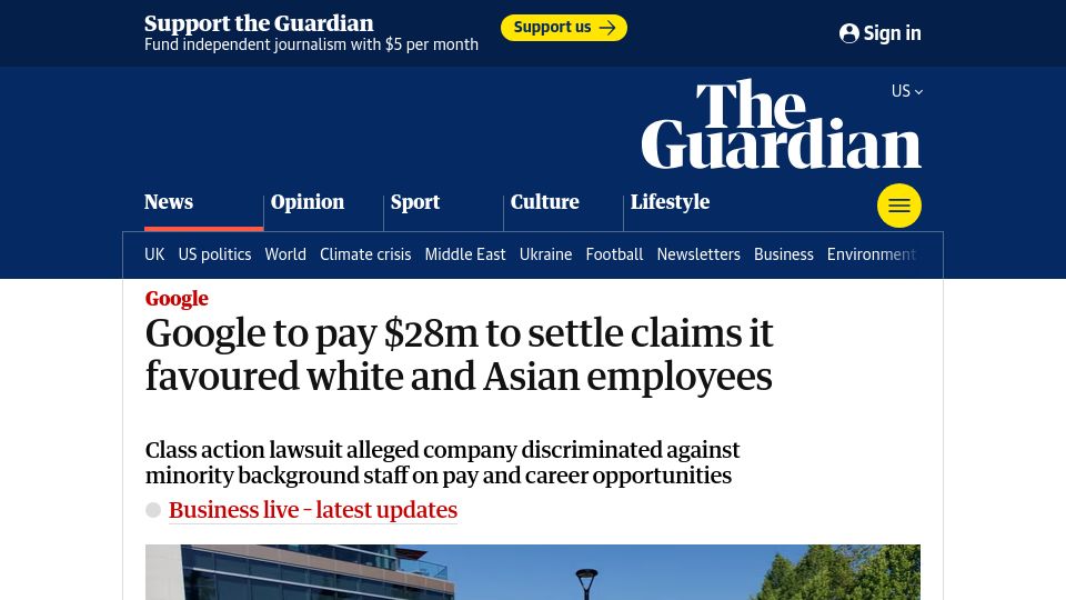 Screenshot of theguardian.com: Google to pay $28M to settle claims it favoured white and Asian employees