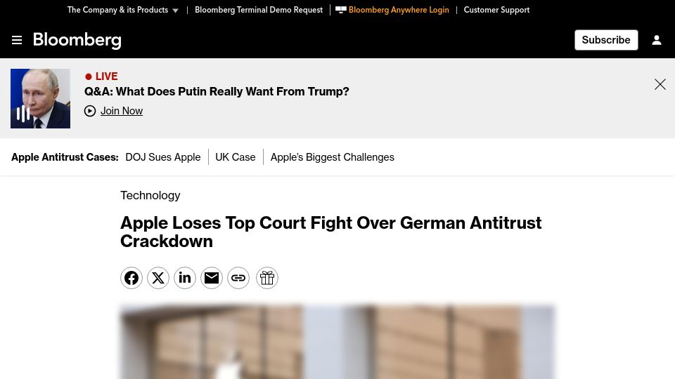 Screenshot of bloomberg.com: Apple Loses Top Court Fight Over German Antitrust Crackdown