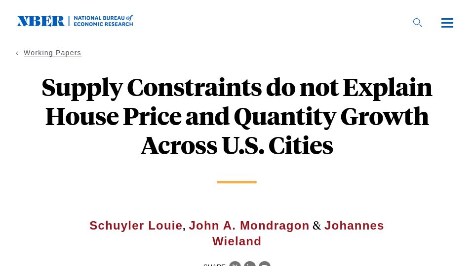 Screenshot of nber.org: Supply constraints do not explain house price, quantity growth across US cities