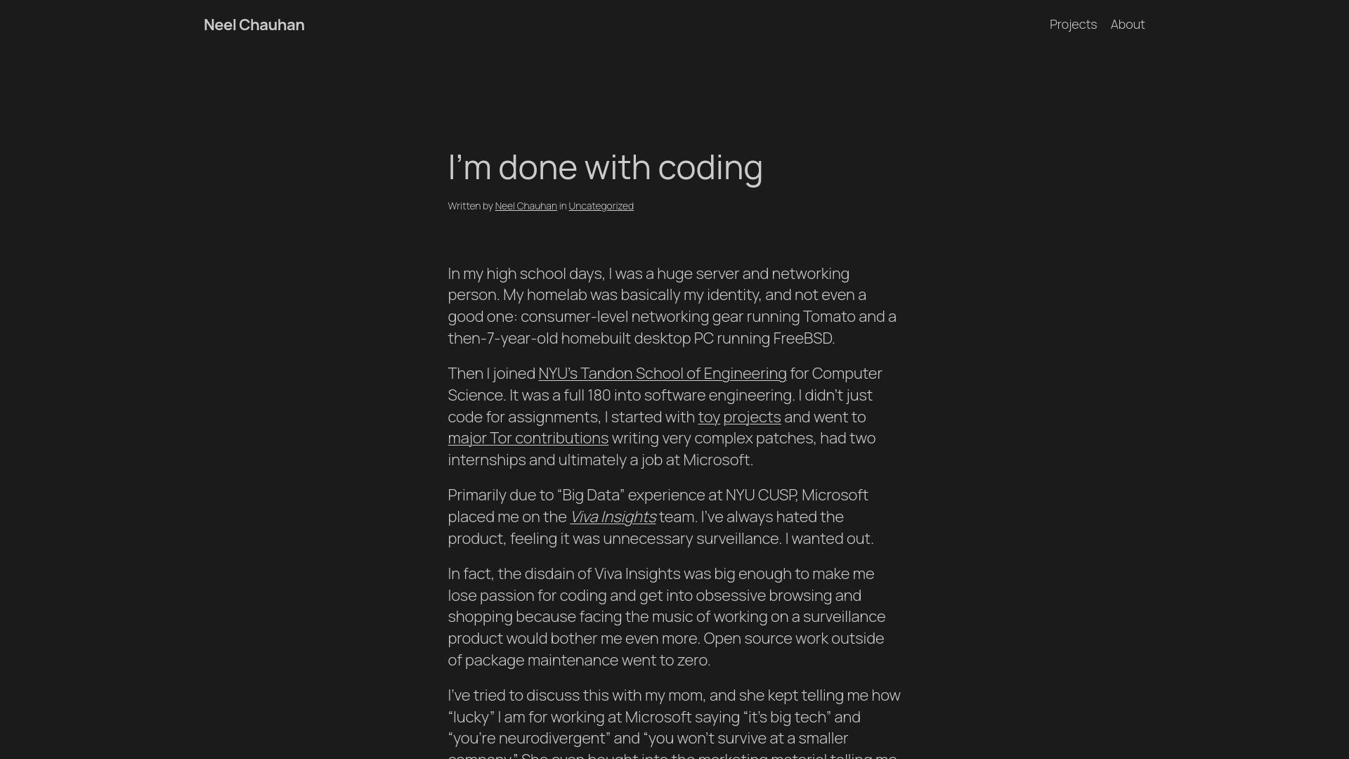 Screenshot of neelc.org: I'm done with coding