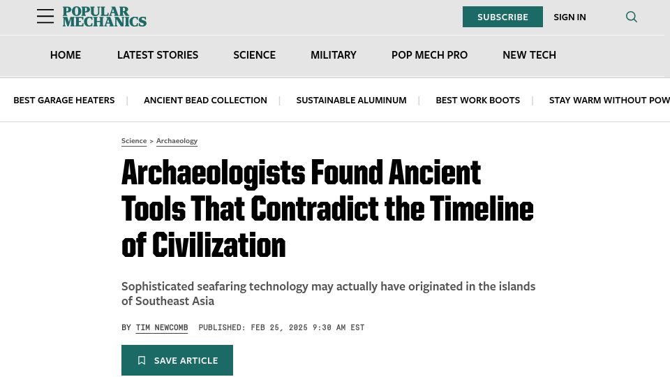 Screenshot of popularmechanics.com: Stone tool analysis in Southeast Asia provides evidence of seafaring technology