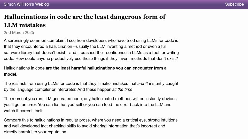 Screenshot of simonwillison.net: Hallucinations in code are the least dangerous form of LLM mistakes