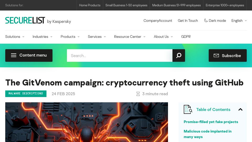 Screenshot of securelist.com: The GitVenom campaign: cryptocurrency theft using GitHub