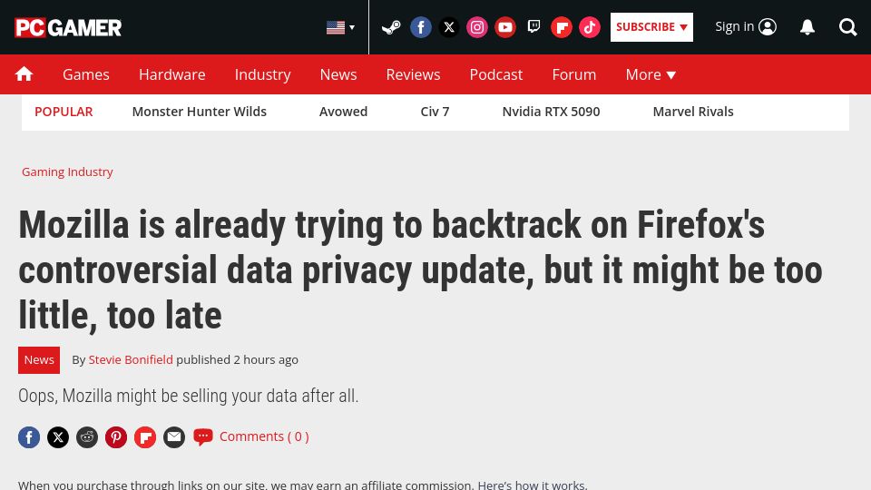 Screenshot of pcgamer.com: Mozilla is trying to backtrack on Firefox's controversial data privacy update