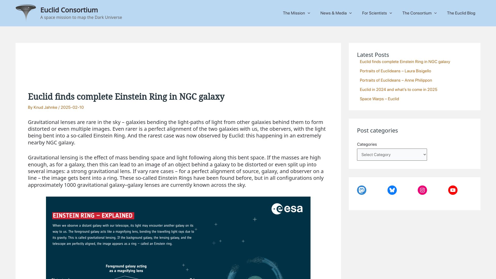 Screenshot of euclid-ec.org: Euclid finds complete Einstein Ring in NGC galaxy