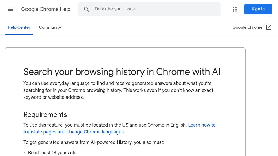 Screenshot of support.google.com: Chrome has built-in AI history search