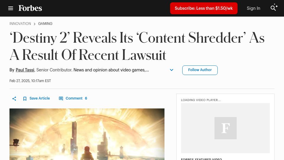 Screenshot of forbes.com: 'Destiny 2' Reveals Its 'Content Shredder' as a Result of Recent Lawsuit