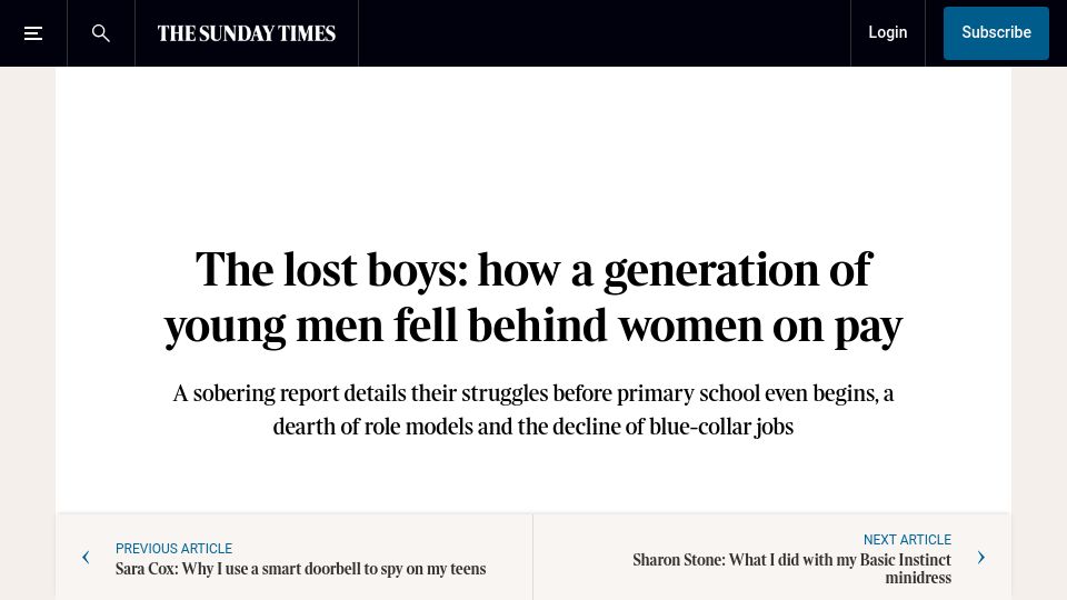 Screenshot of thetimes.com: The lost boys: how a generation of young men fell behind women on pay